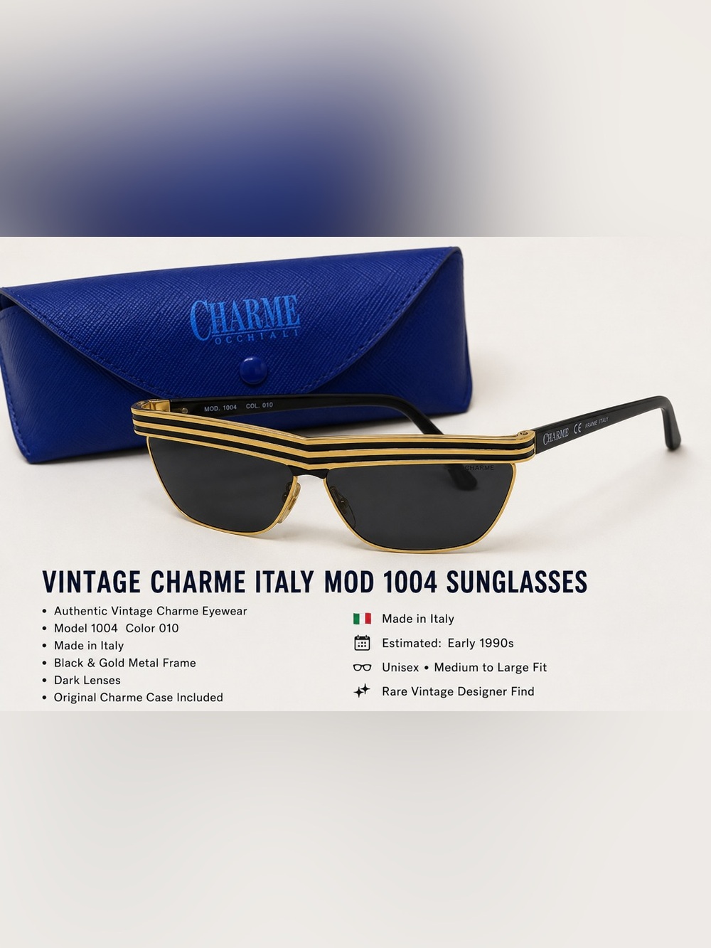 New Vintage Style Charme Italy Mod 1004 Gold Black Geometric Sunglasses w/ Case